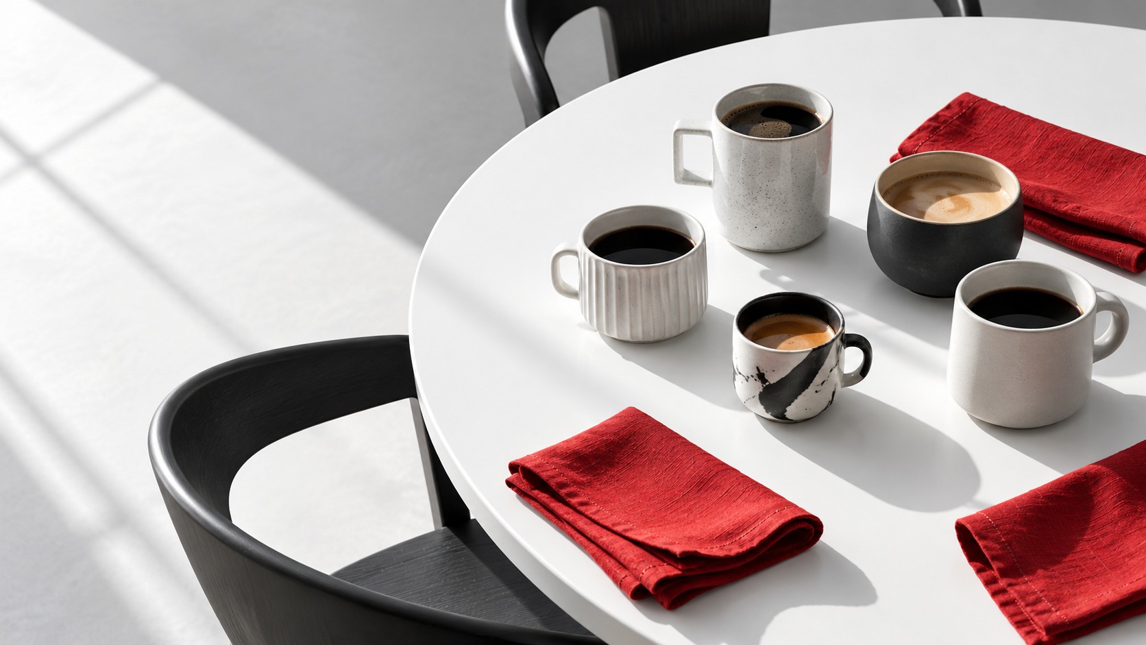 AI-generated editorial scene of five cups gathered at a table; not a photograph of the Drake family home