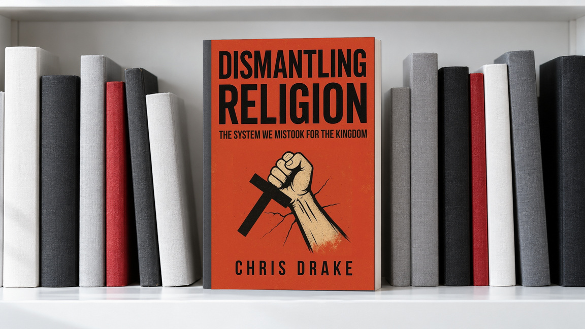 Illustrated bookshelf with Dismantling Religion by Chris Drake displayed face-out among other books