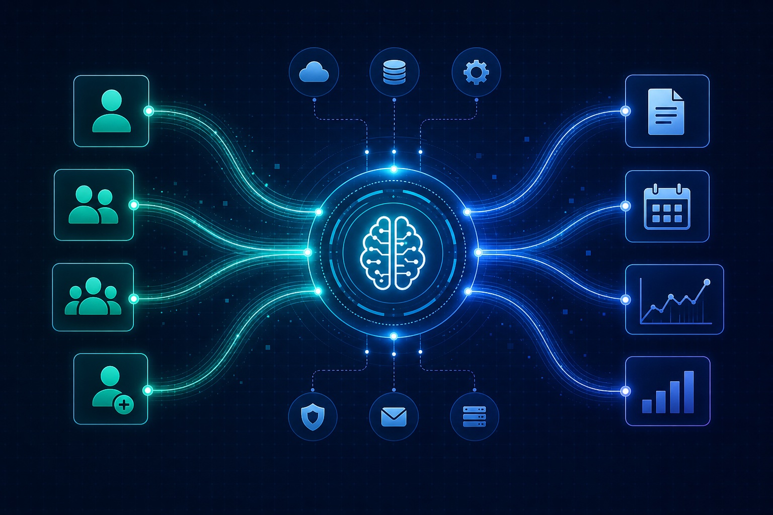 People connected through an AI operations core to approved business tools