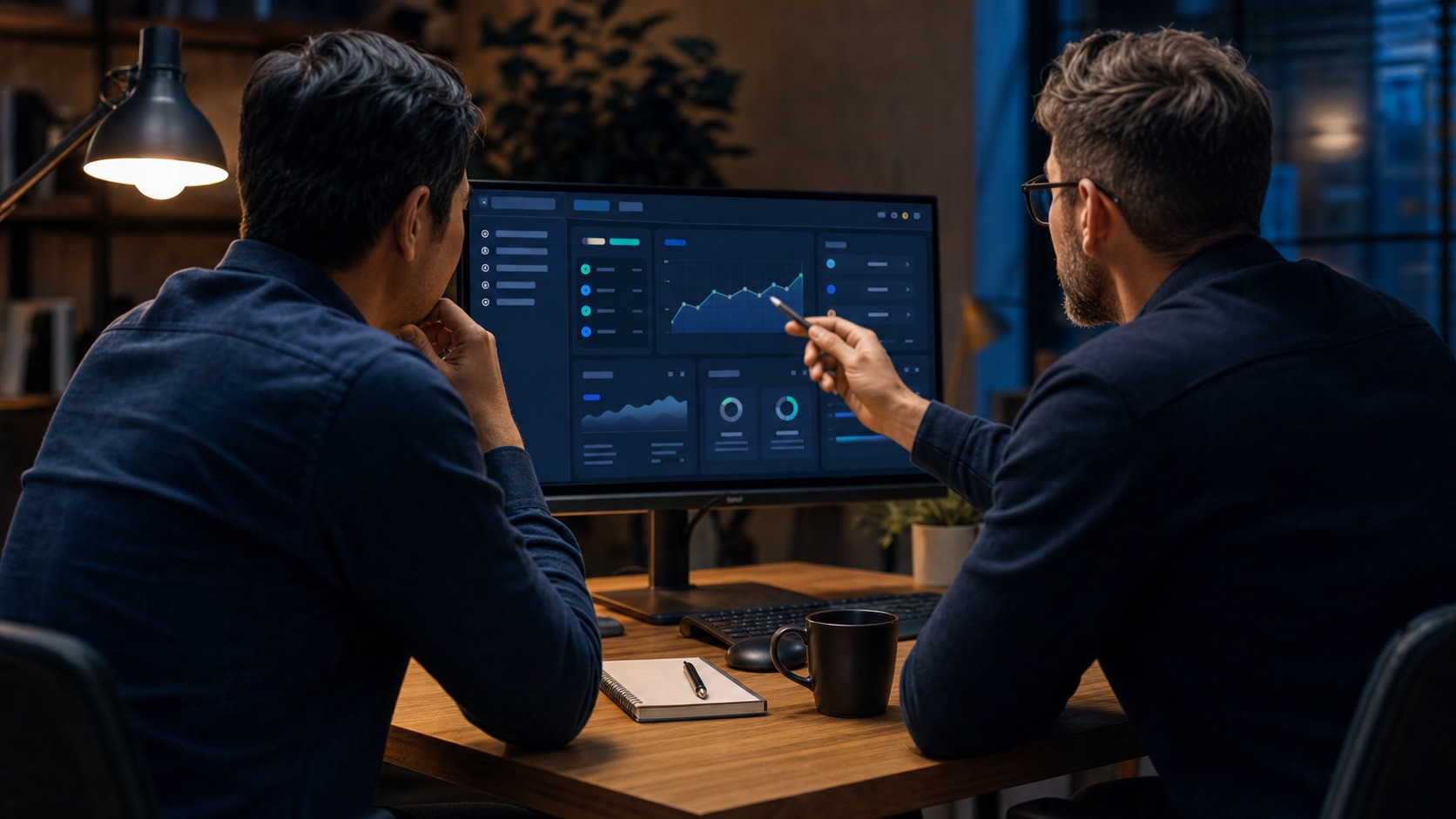 A business owner and technical advisor reviewing an operations dashboard together